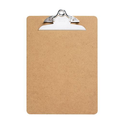 a clipboard with a notepad attached to it and two metal clips on top