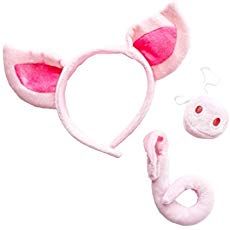 a pink cat costume with ears and tail, headbands and nose ring set