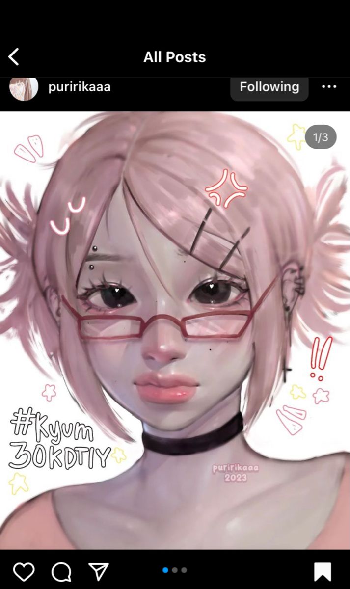 a digital painting of a woman with glasses and pink hair, wearing a black choker