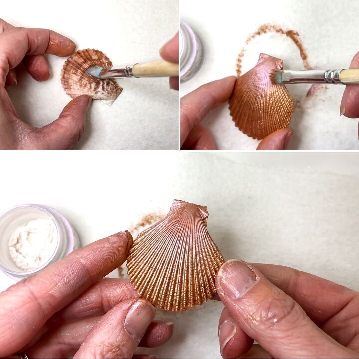 the process of painting seashells with acrylic paint