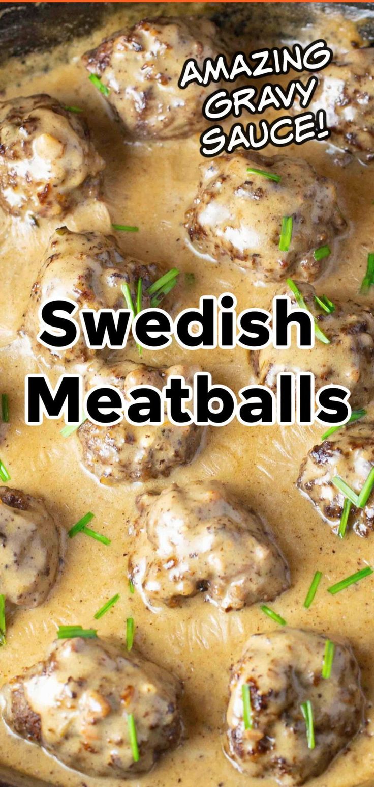 swedish meatballs with gravy sauce in a skillet