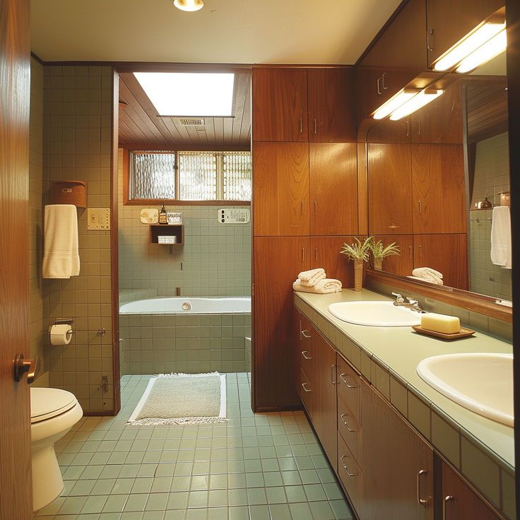 A mid-century modern bathroom featuring seamlessly integrated built-in cabinets and drawers, providing ample storage while maintaining a clean, streamlined appearance4 Yellow Mid Century Bathroom, Green Mcm Bathroom, Mid Century Modern Blue Bathroom, Mid Century Modern Bathroom Green, Retro Modern Bathroom, Midcentury Bathroom Design, 70s Bathroom Aesthetic, Small Mid Century Bathroom, 70’s Bathroom