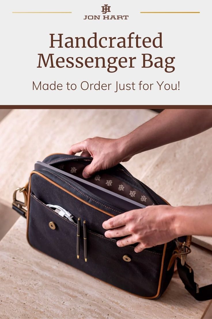 Image of the handcrafted JH Messenger Bag from Jon Hart Design, displayed as an ideal gift for Mother's Day or college graduation. The bag can be personalized with initials or a name, shown here in a professional and stylish design. Rectangular Briefcase With Top Carry Handle For On-the-go, Rectangular Flap Bag With Top Carry Handle For On-the-go, Travel Briefcase With Removable Pouch Satchel, Crossbody Laptop Bag With Leather Handles For On-the-go, Rectangular Shoulder Bag With Top Carry Handle For Travel, Travel Box Bag With Top Handle, On-the-go Pouch Bag With Leather Handles, Business Tote Bag With Removable Pouch, Travel Briefcase With Removable Pouch