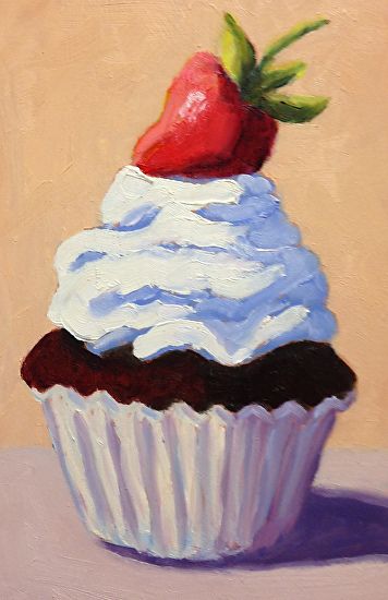 a painting of a cupcake with a strawberry on top and frosting in the middle