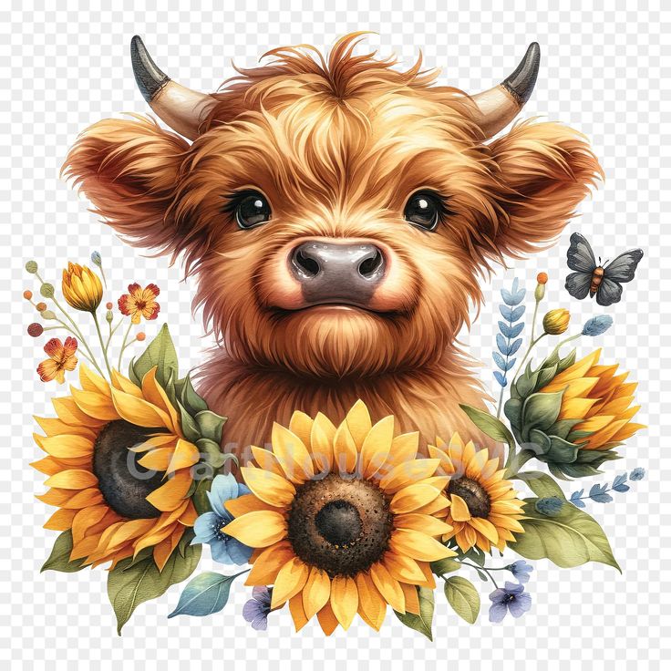 an animal with sunflowers and butterflies on it's head