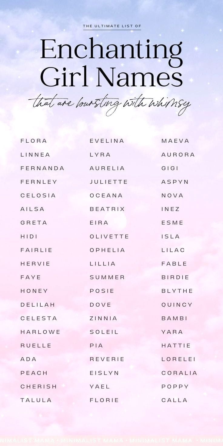 the poster for enchanting girl names is shown in blue and pink clouds with stars