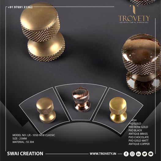 an advertisement with gold knobs and other metal objects on black background for trovity