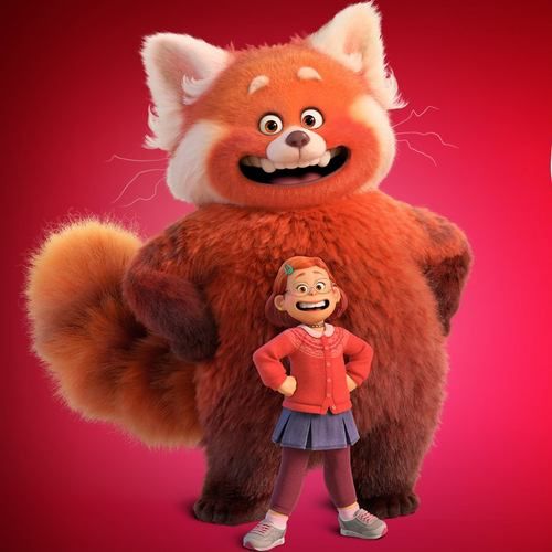 an animated character is standing next to a large stuffed animal that looks like a fox