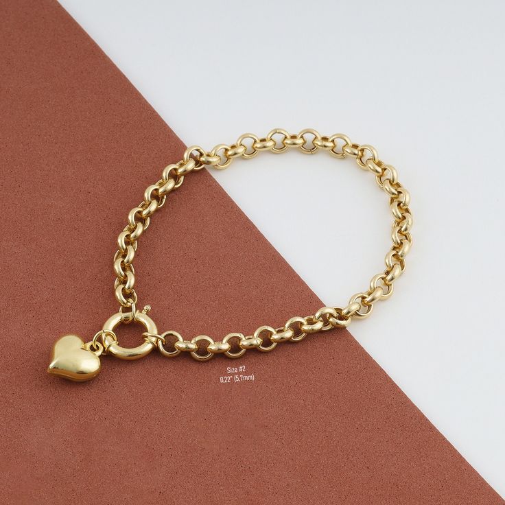 "◖ P R O P E R T I E S ◗ * Material: 14k Gold * Weight #1: 2,8gram (for 7\", with charm, ±5%) * Weight #2: 5,9gram (for 7\", with charm, ±5%) Contact me if you are unsure about length. Photos belong to the #2 Large Rolo Bracelet except last 2 photos ◖ D I O N J E W E L ◗ ‣ 14K REAL GOLD ‣ EXPRESS DELIVERY IN 1-3 DAYS* ‣ HANDMADE ONLY FOR YOU, NO USED JEWELRY ‣ GIFT BOX AND OTHER GIFTS ◖ P R O D U C T I O N & Q U A L I T Y ◗ ‣ All of our jewelry are handmade and made to order. ‣ We use only 14K r Cheap Minimalist Charm Bracelet With Chain, Luxury Gold Bracelet With Rolo Chain For Gift, Cheap Box Chain Bracelets For Gifts, Gold Heart Bracelet For Women, Luxury Adjustable Gold Bracelet For Gift, Luxury Rondelle Gold Bracelet Gift, Affordable Gold Bracelet For Teacher Appreciation, Luxury Gold Bracelet With Toggle Clasp For Gift, Tarnish Resistant Heart Chain Bracelet