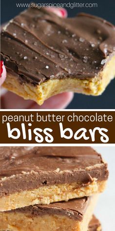 peanut butter chocolate bliss bars are stacked on top of each other and ready to be eaten