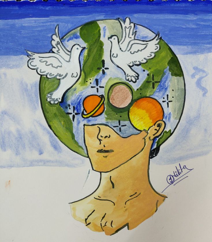 a drawing of a man's head with birds flying around it and an earth globe in the background