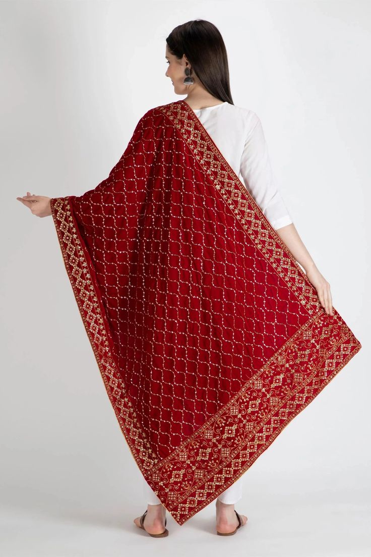 Women's premium quality light weight velvet shawl with all over gold silk thread embroidery, & sequin work. Prefect for use as winter evening formal wrap. Ready to ship from CaliforniaFabric: VelvetSize: Length 2.25 m, Width: 0.5mWork: Embroidered, sequinsCondition: New Phulkari Pants, Formal Wrap, Lucknowi Kurta, Silk Thread Embroidery, Gharara Suits, Bridal Dupatta, Phulkari Dupatta, Velvet Shawl, Winter Evening