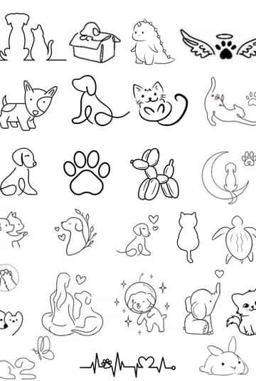 various dog and cat icons are shown in this drawing style, including hearts, stars, paw