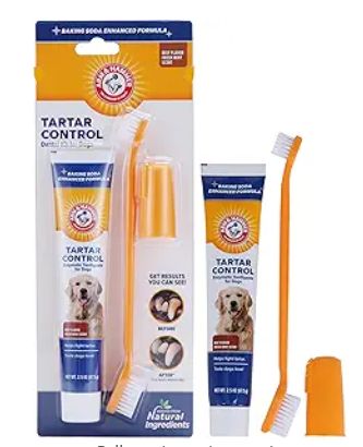 two toothbrushes and an orange tube in front of a box with the words tartar control on it