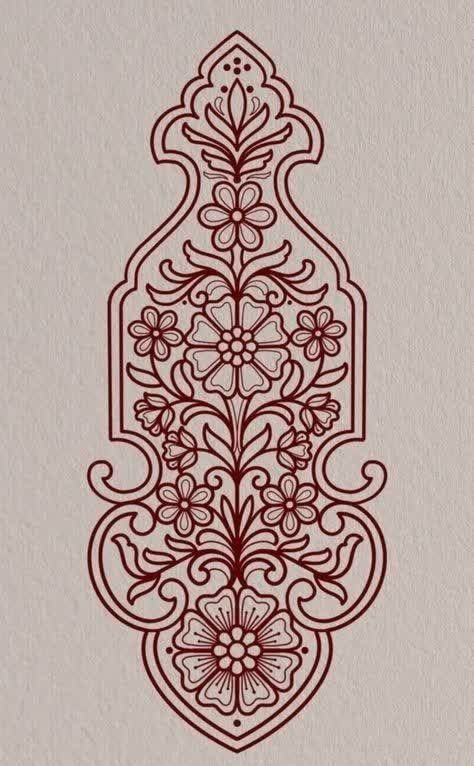 an intricately designed wallpaper with red flowers and leaves on it's side