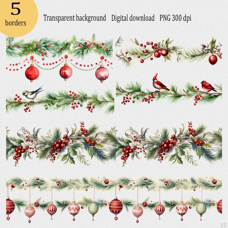 christmas borders and ornaments with red balls, holly branches, pine cones, ornament baubrourd digital clipart for commercial use