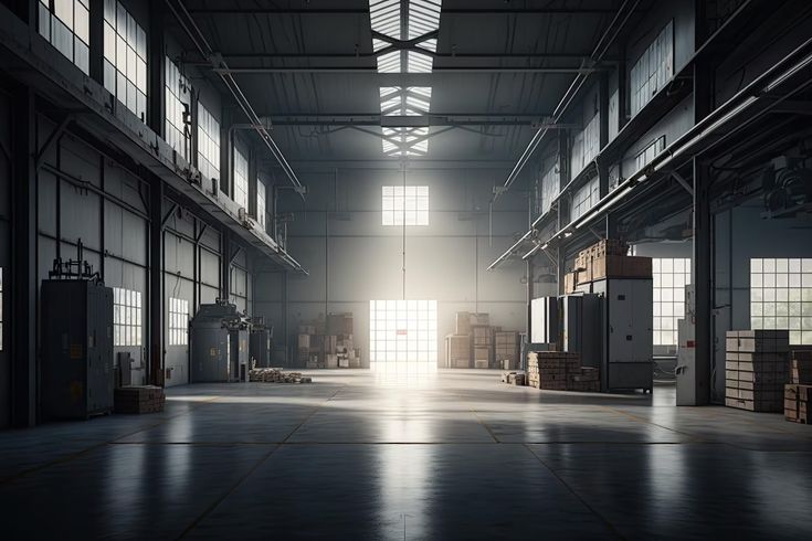 an empty warehouse with lots of windows and boxes