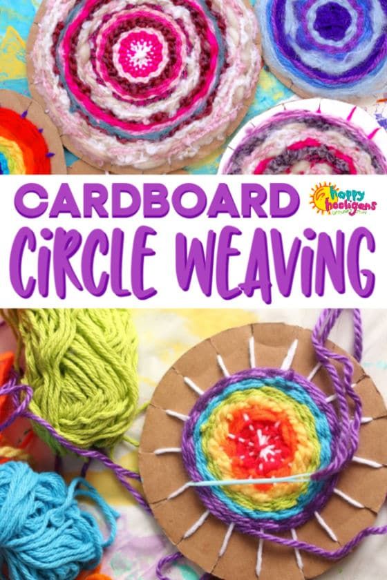 colorful crochet circular weavings with text overlay that reads cardboard circle weaving