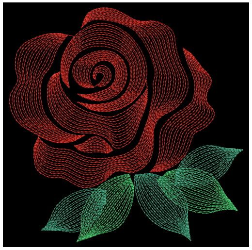 a red rose with green leaves on a black background