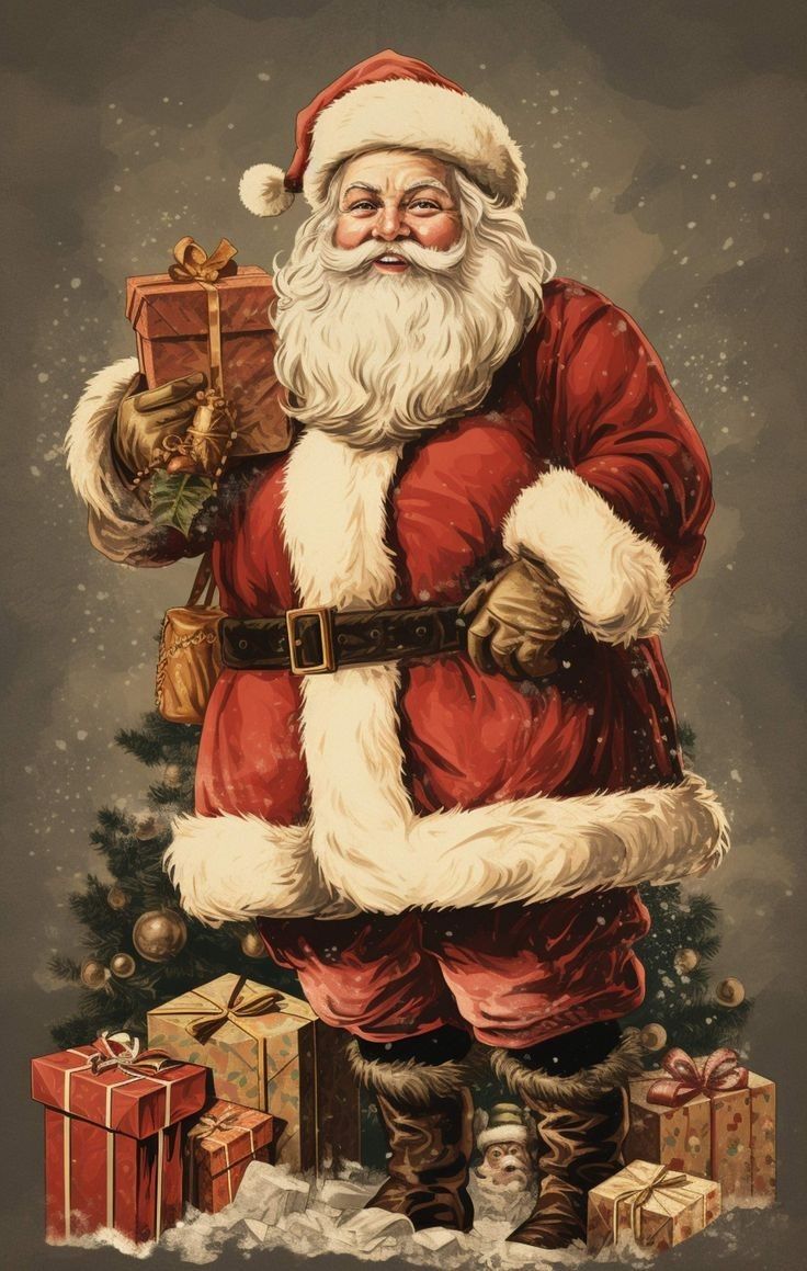 a painting of santa claus holding a present