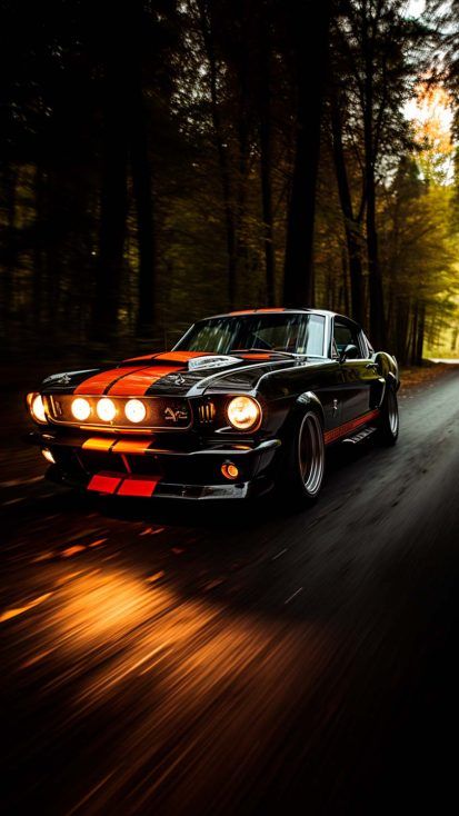 a car driving down the road with headlights on it's headlamps in front of some trees