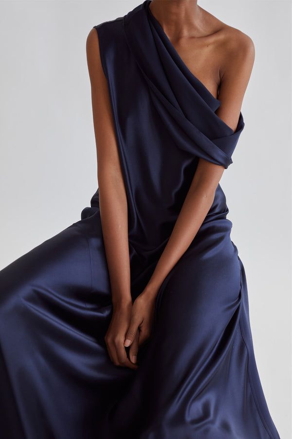 Pre-draped Satin Slip Dress For Evening, Pre-draped Silk Slip Dress For Gala, Pre-draped Silk Midi Dress With Bias Cut, One Shoulder Pre-draped Bias Cut Dress, Pre-draped Silk Evening Dress, Pre-draped Satin Dresses With Draped Sleeves, Pre-draped Evening Dress With Cowl Back, Evening Satin Maxi Dress With Bias Cut, Pre-draped Evening Dress With Asymmetrical Neckline