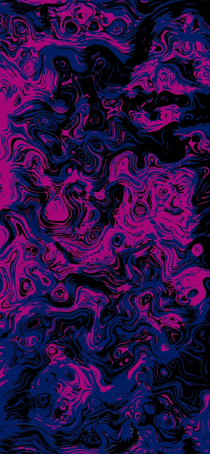 an abstract painting with pink and blue colors on black background in the form of waves