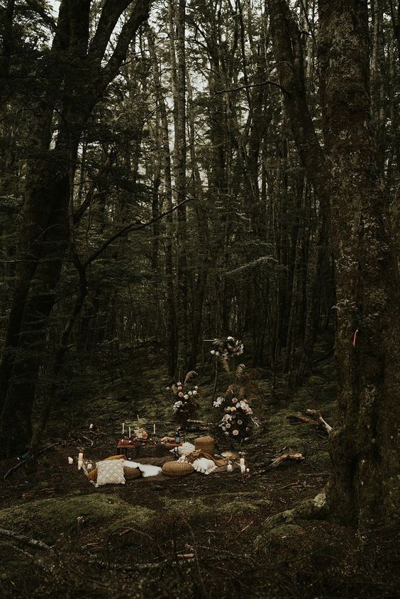 a group of people sitting in the middle of a forest next to a picnic table