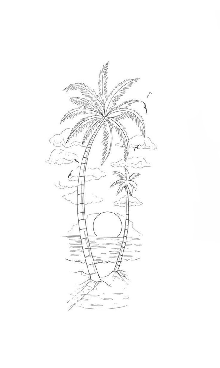 a drawing of a palm tree on the beach