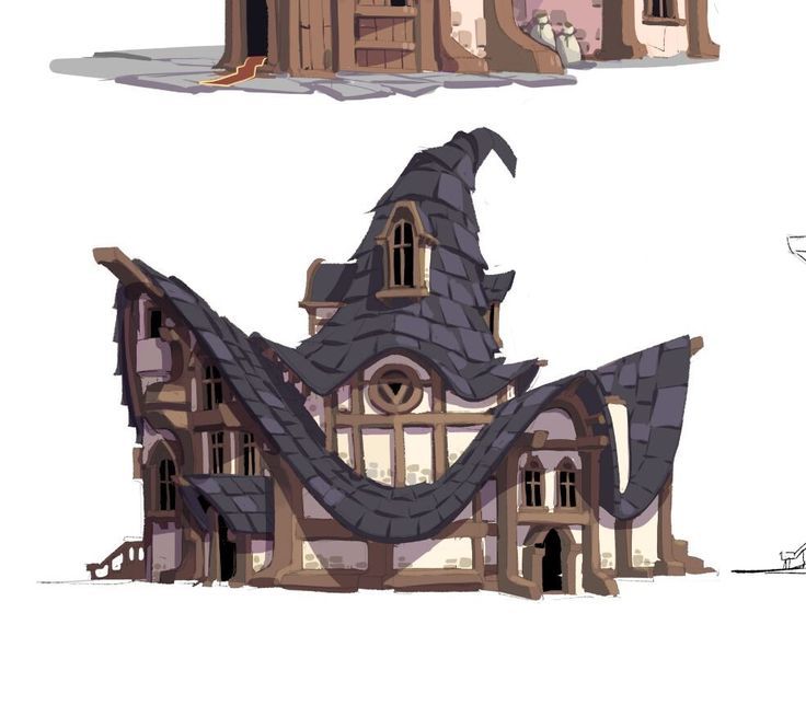 two different views of a house with windows and roof, one in the shape of a witch's hat