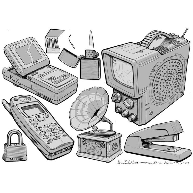 various electronic devices are depicted in this black and white drawing, including a radio, cell phone, tape recorder, an alarm clock