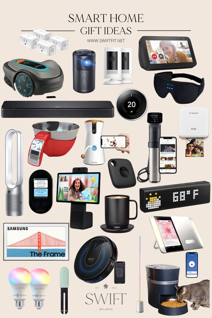 an assortment of electronics and gadgets displayed on a white background with text that reads smart home gift ideas