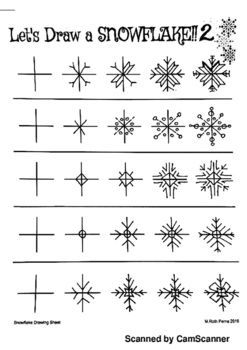 the snowflakes are drawn in black and white, with words that read let's draw a snowflake 2