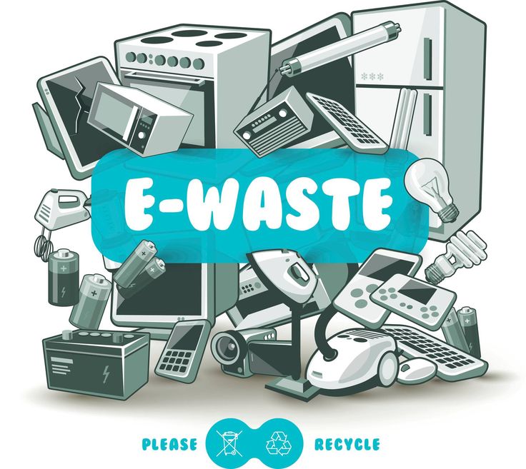 an e - waste sign surrounded by electronic devices