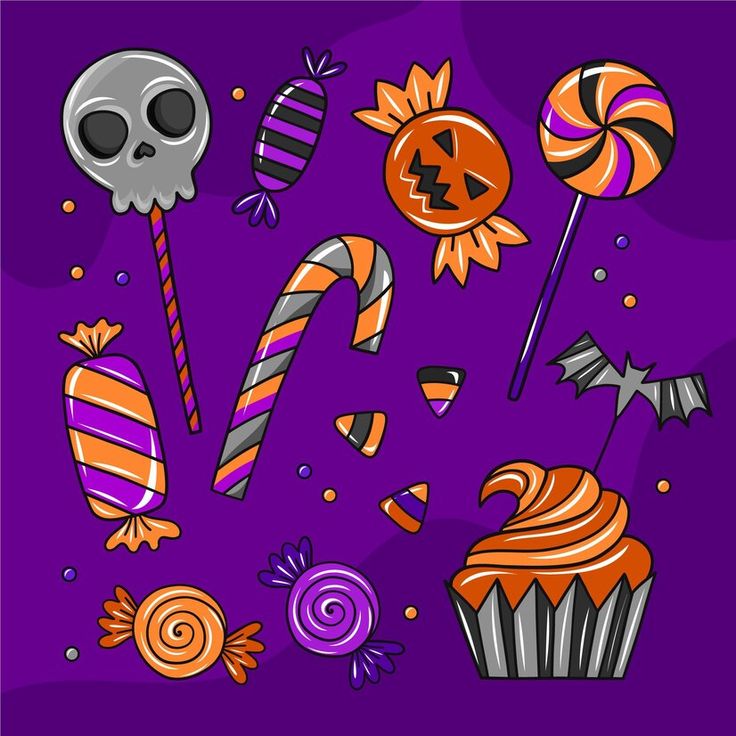 an image of halloween candy and candies with skulls on purple background stock illustratie