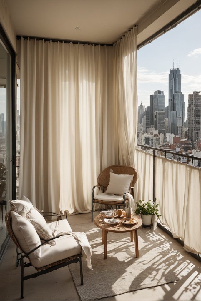 a living room filled with furniture next to a large window covered in white drapes