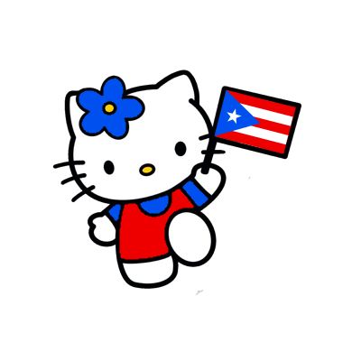 a hello kitty holding a flag in her left hand and wearing a red shirt with blue stripes