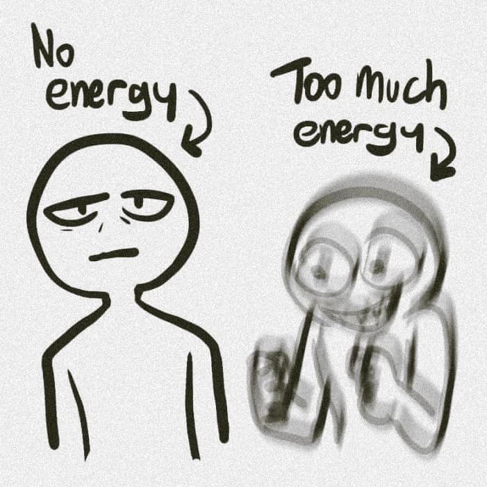 two stickers with words on them that say no energy, too much energy?