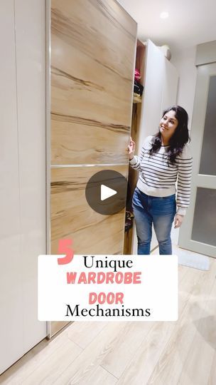 a woman standing in front of a door with the words unique wardrobe door mechanisms