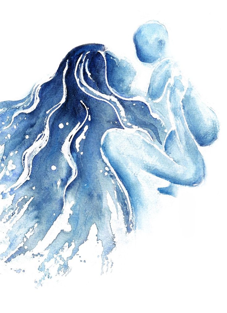 a watercolor drawing of a woman's hair with blue and white swirls