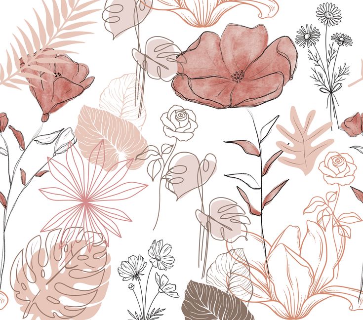 an illustration of flowers and leaves on a white background with pink, red and grey colors