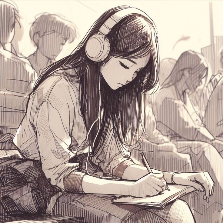 a girl with headphones is writing on a piece of paper and listening to music