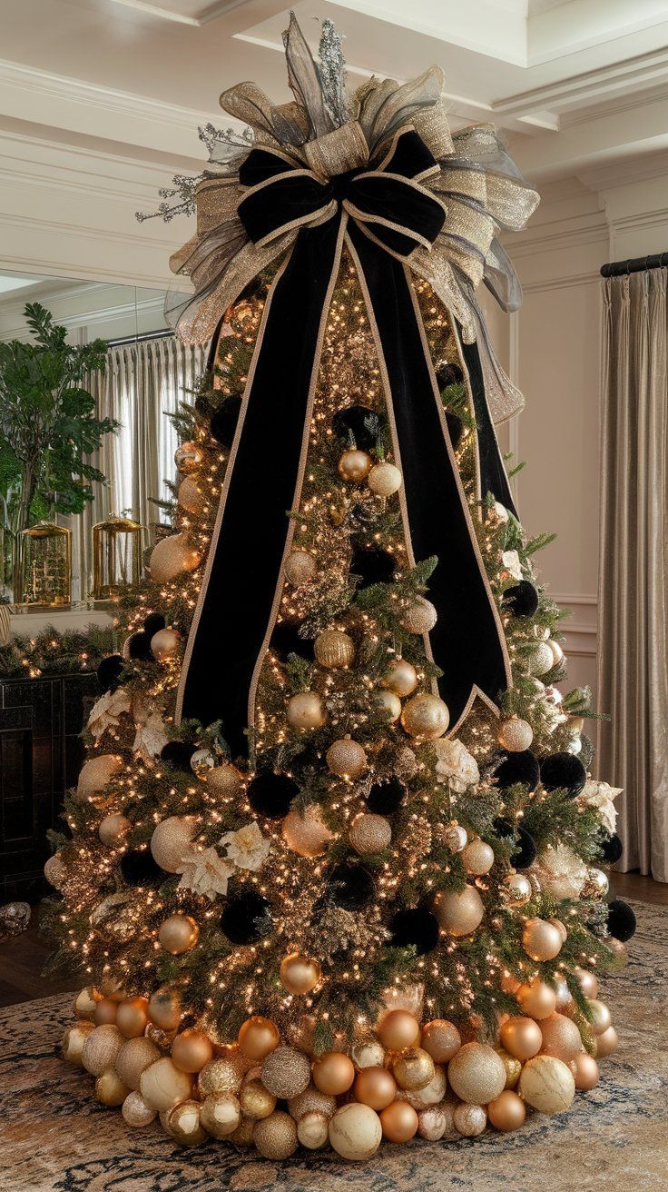 a decorated christmas tree with gold and black ornaments on it's base, in a living room