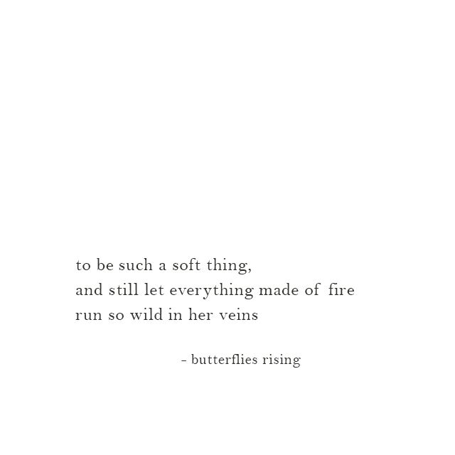 to be such a soft thing,
and still let everything made of fire
run so wild in her veins

– butterflies rising Quotes About Fire Inspirational, Women Fire Quotes, I Want To Be Soft Quotes, To Be Soft Is To Be Powerful, Fire In Her Soul Quotes, Fire Quotes Aesthetic, Quotes About Being Soft, Being Soft Quotes, Soft Woman Quotes