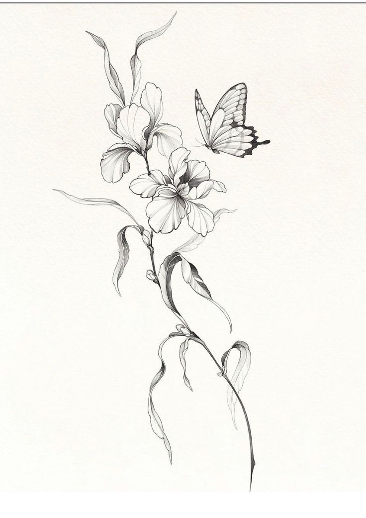 a black and white drawing of flowers with butterflies