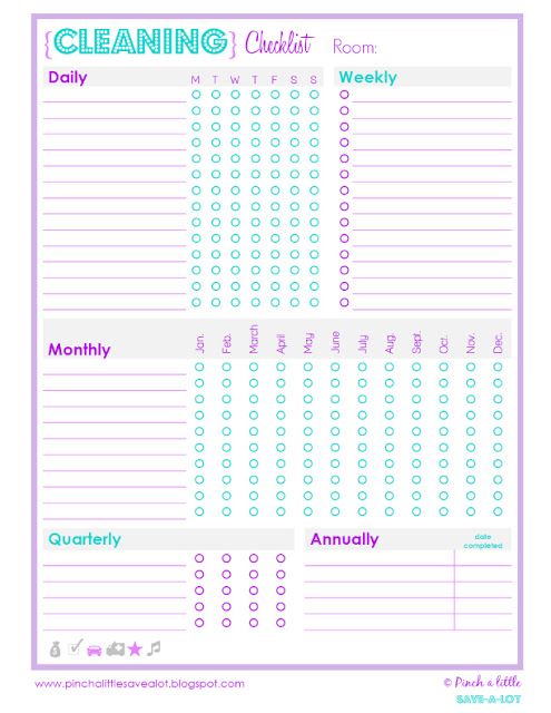 a printable cleaning checklist with the words daily and weekly written in purple on it