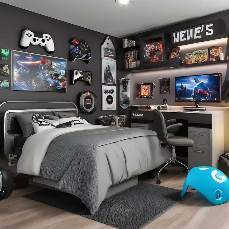 a bedroom with a bed, desk and various video games on the wall above it