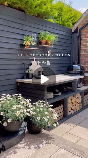 an outdoor kitchen with potted plants on the outside