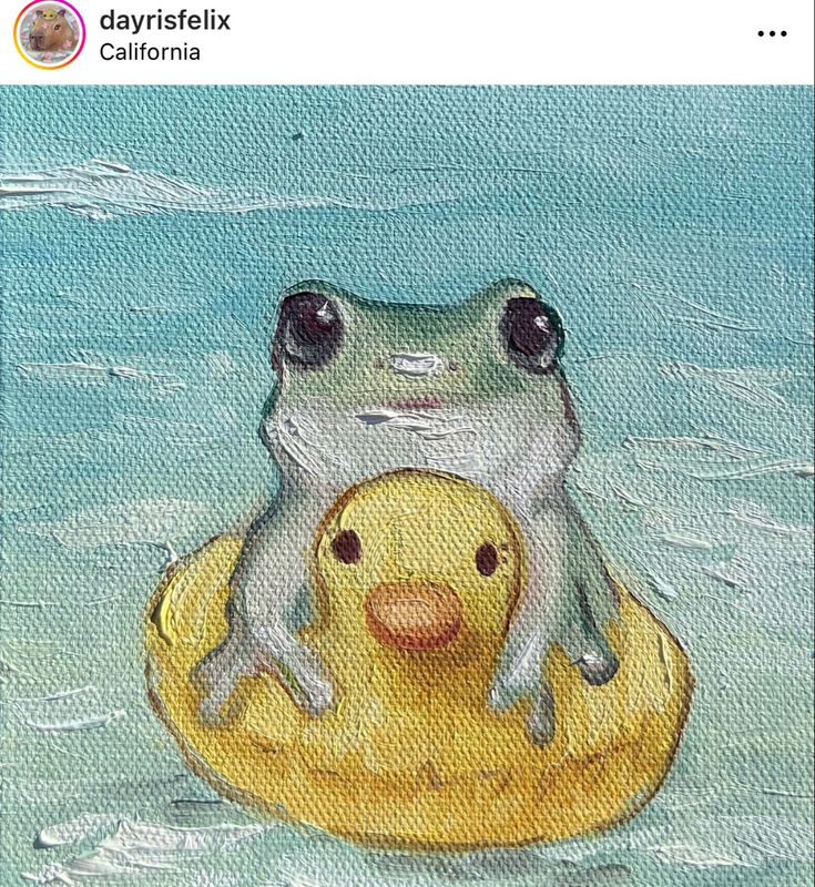 a painting of a frog sitting on top of a rubber ducky in the water