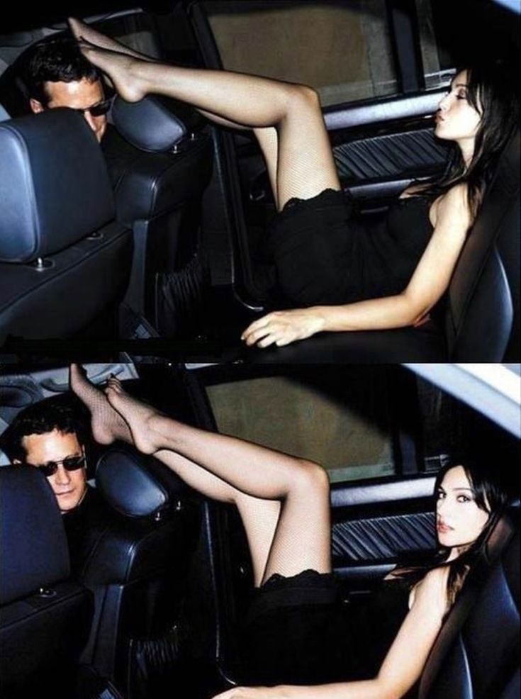 two pictures of a woman in a car with her feet up on the back seat